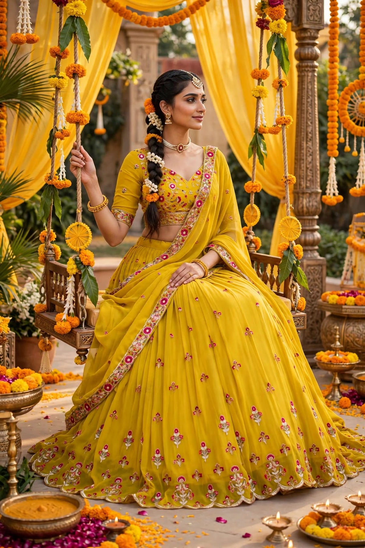 Sunlit Marigold Embroidered Georgette Lehenga Set