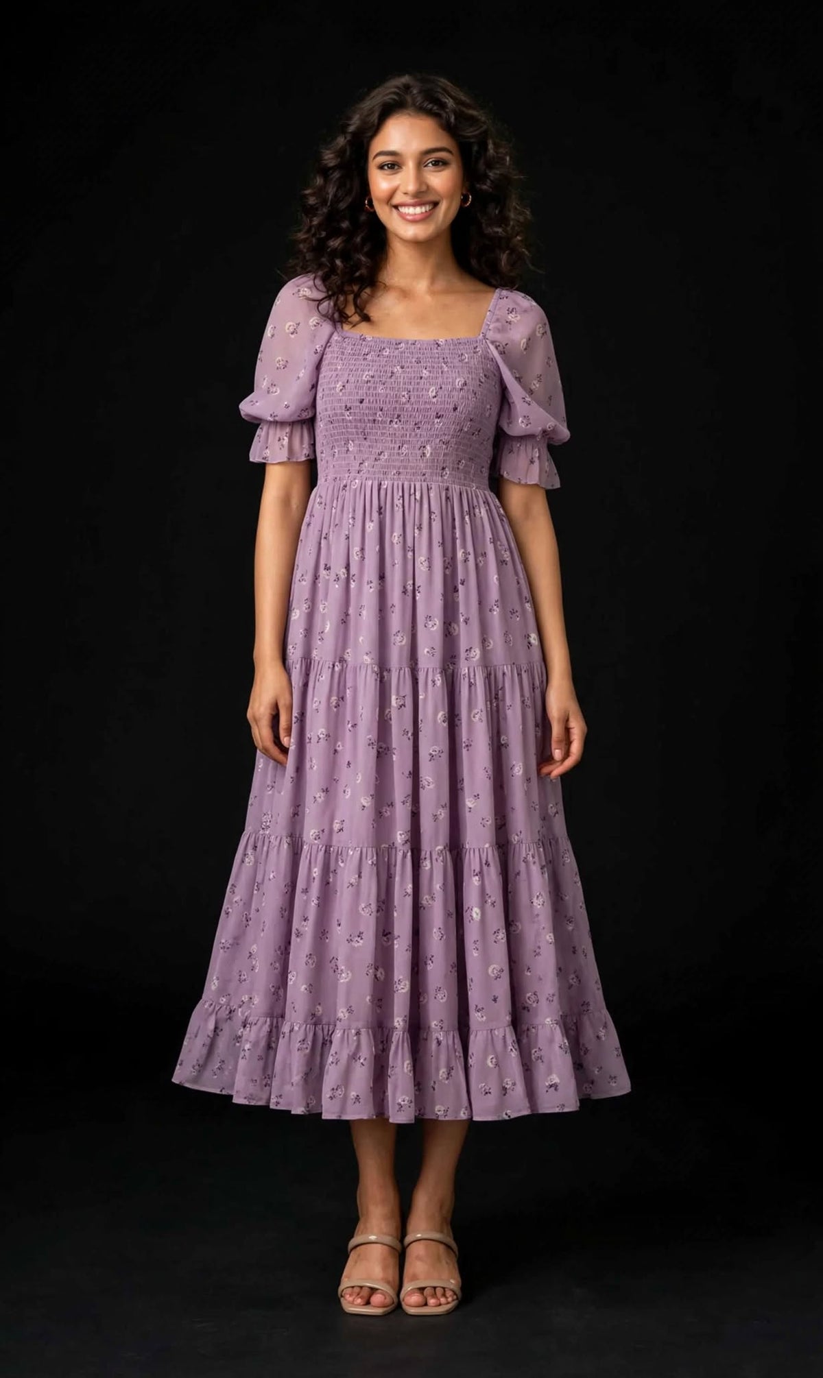Lavender Floral Smocked Midi Dress