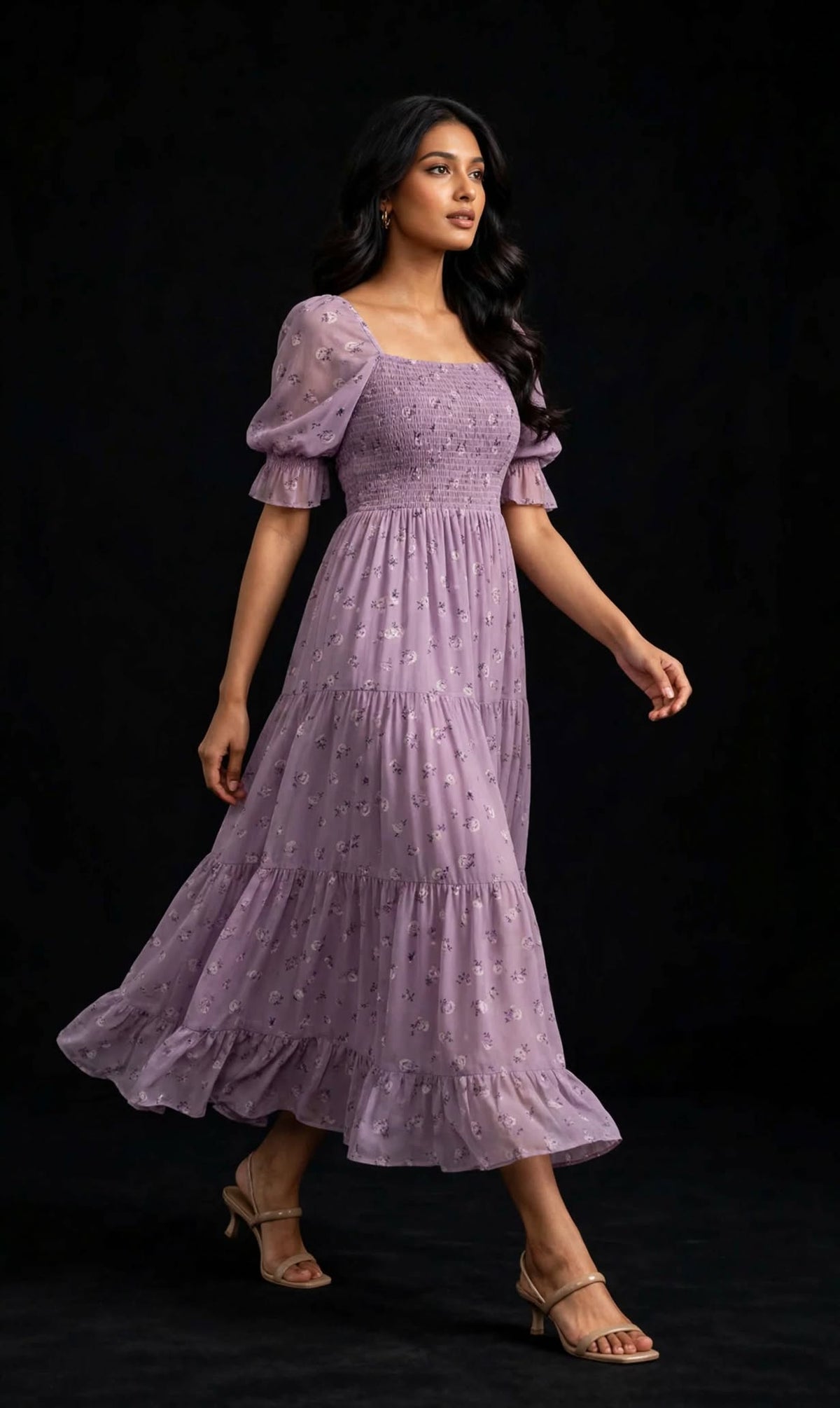 Lavender Floral Smocked Midi Dress