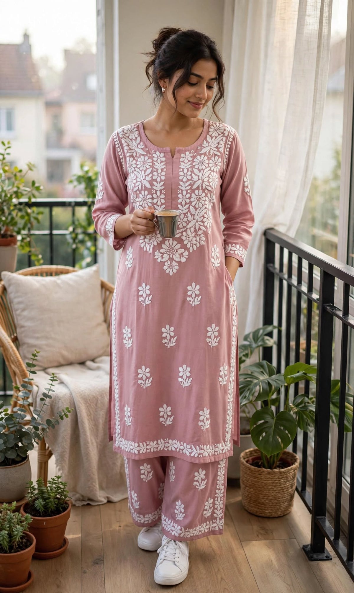 Aurelia Rosewood Chikankari Kurti & Palazzo Set