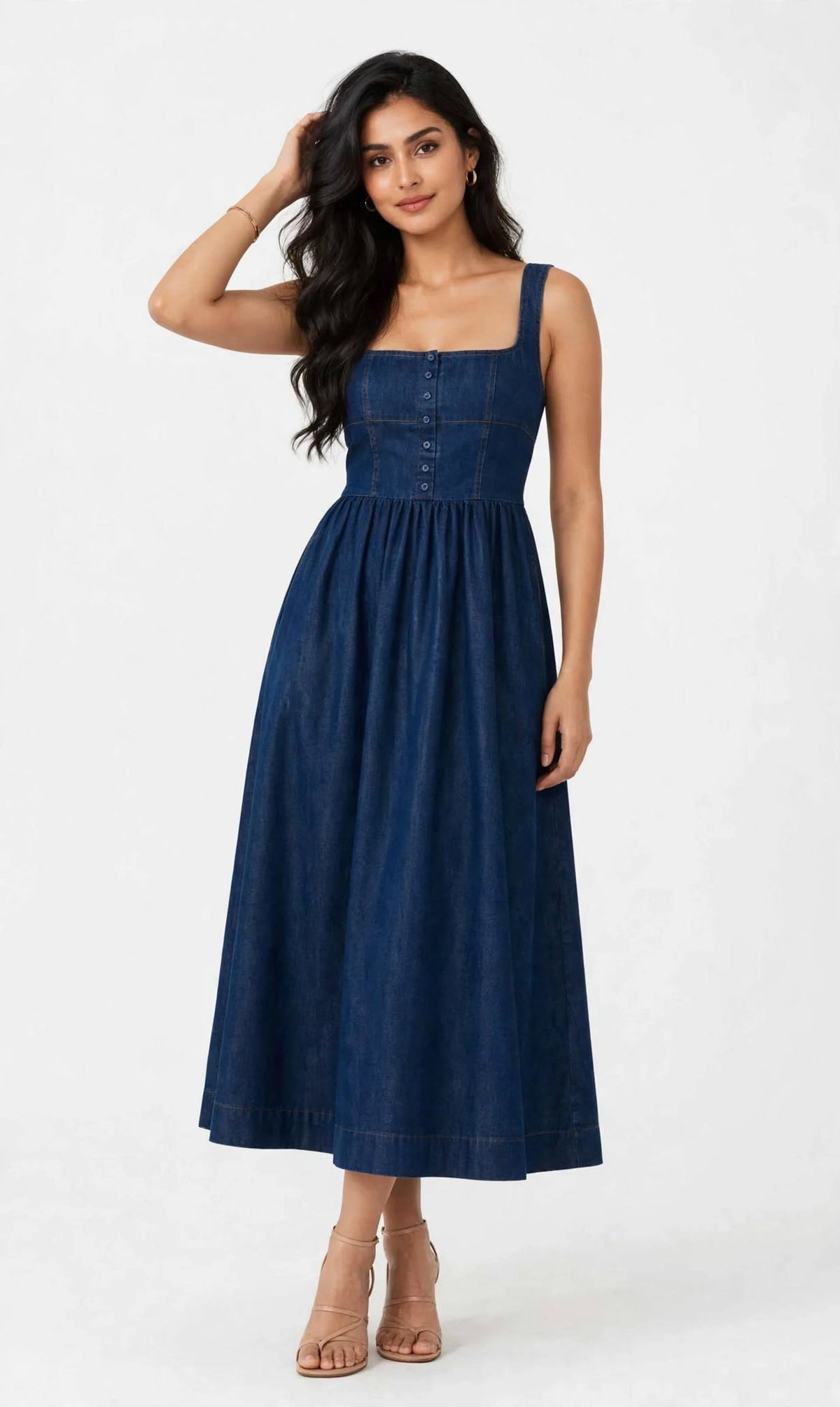 Aurelia Denim Blue Square-Neck Fit & Flare Midi Dress