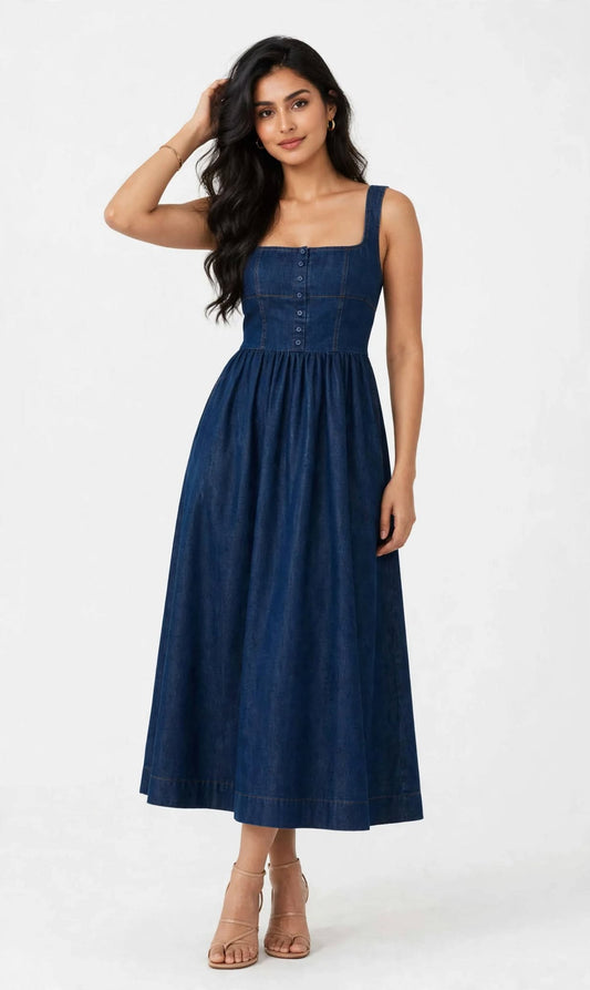 Aurelia Denim Blue Square-Neck Fit & Flare Midi Dress