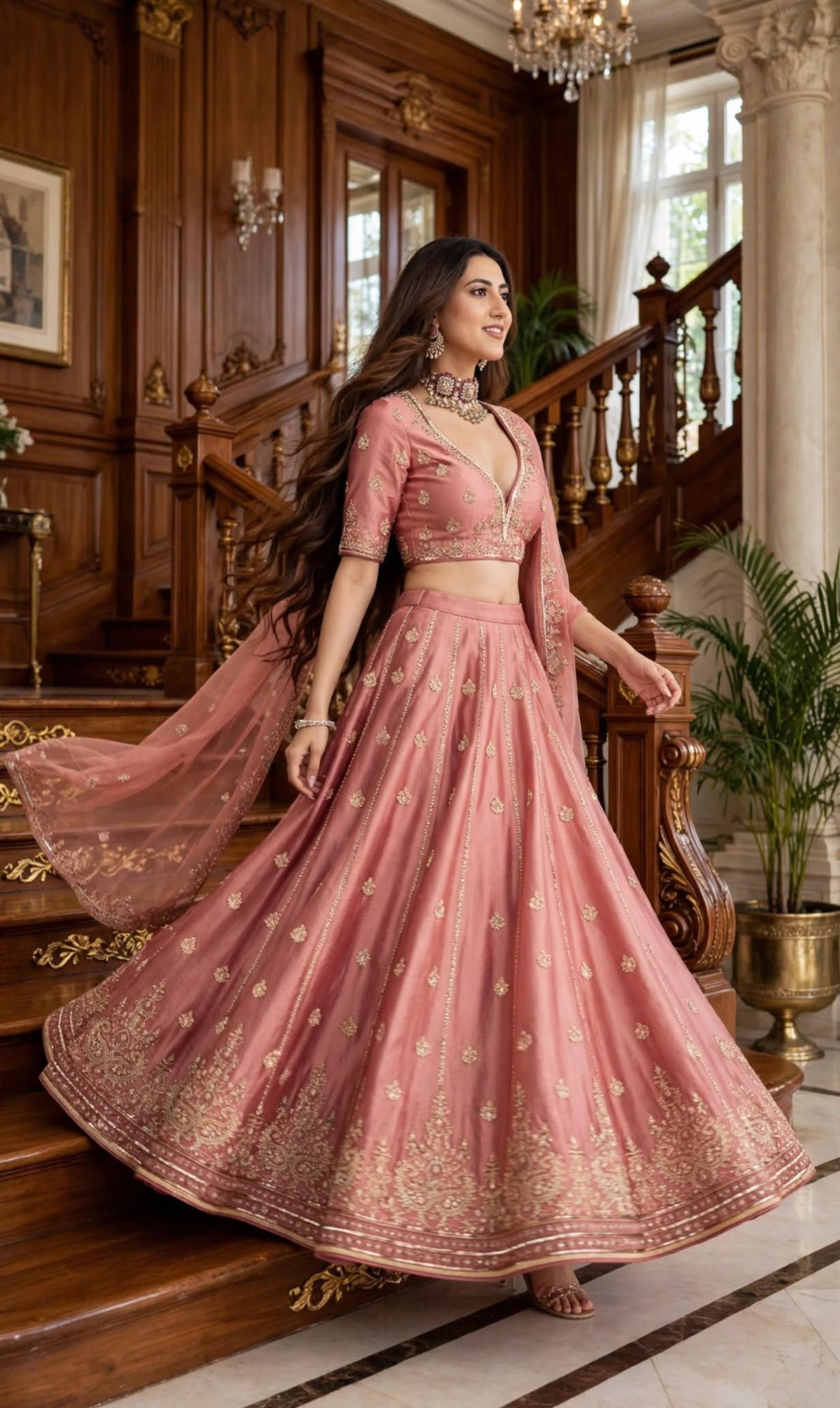 Aurelia Rosewood Embroidered Chinnon Lehenga Set