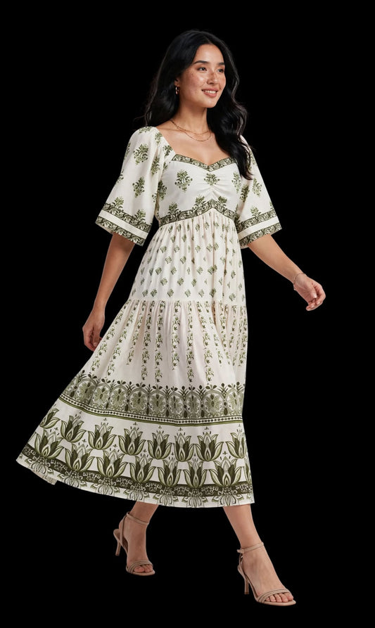Ivory Floral Flared Midi Dress